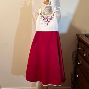 Burgundy and white cocktail ball gown